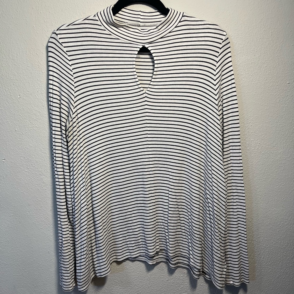 American Eagle Outfitters Black and White Striped Keyhole Blouse
